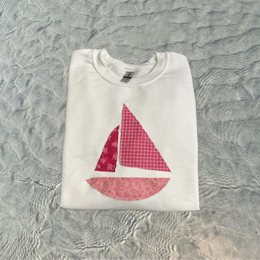 Pink Patchwork Sailboat Gildan Crewneck Sweatshirt
