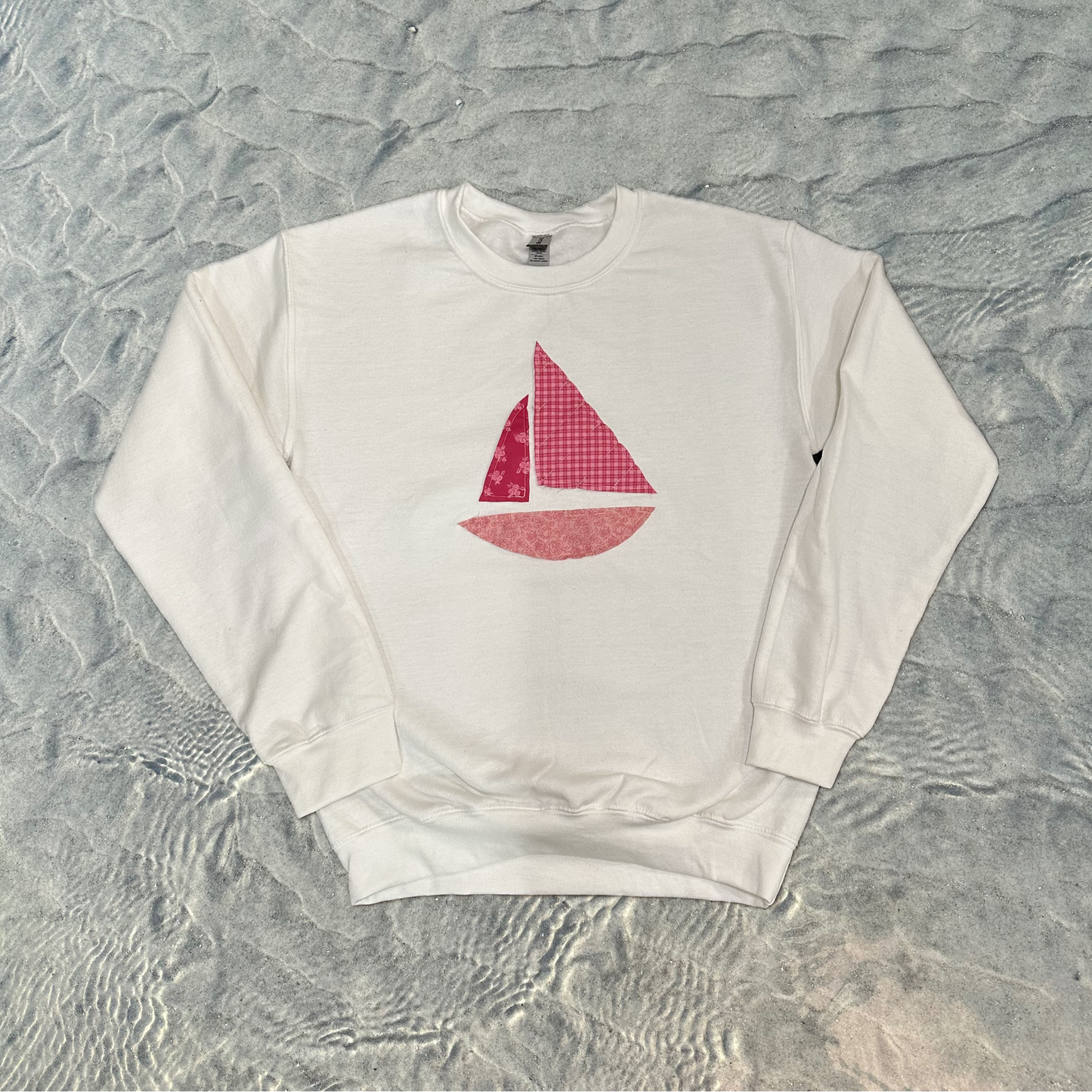 Pink Patchwork Sailboat Gildan Crewneck Sweatshirt